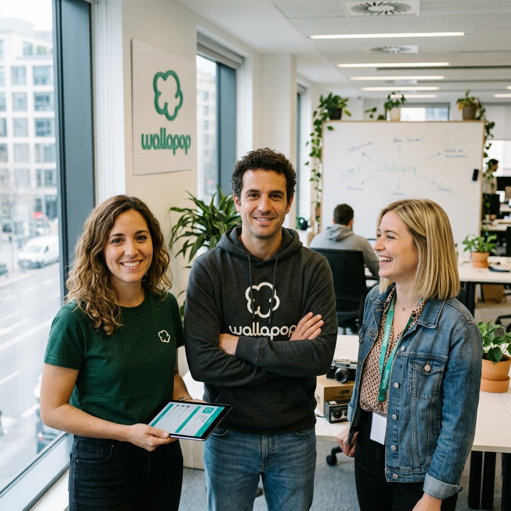 Three Wallapop employees smiling and standing together in an office with Wallapop logo visible